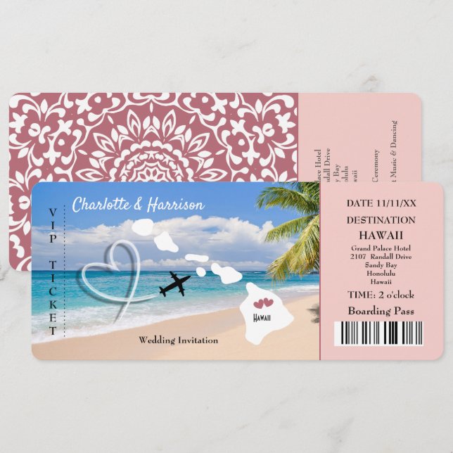Biljett-passinbjudan till bestämmelseorten Hawaii  Inbjudningar (Fram/baksida)
