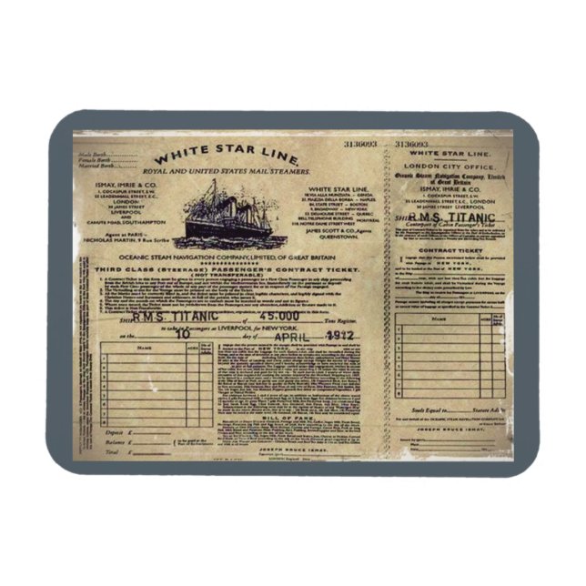 Biljett RMS Titanic 1912 Magnet (Horisontell)