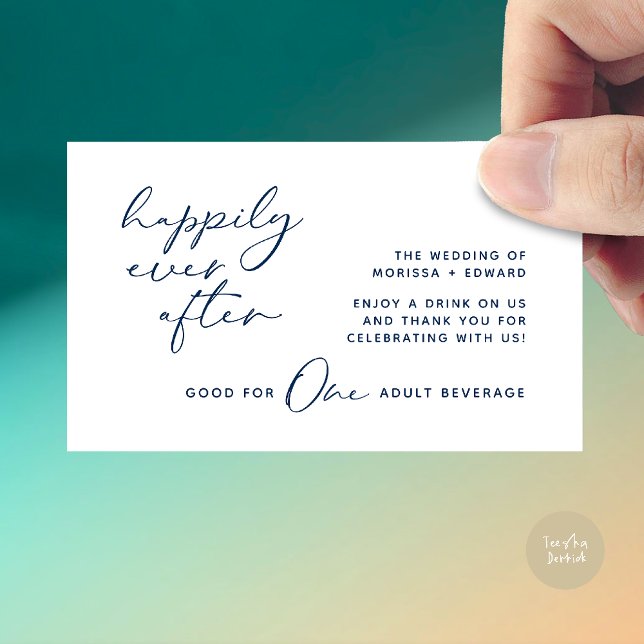 Biljett, Vuxen Beverage, Modern Bröllopsfest Tilläggskort (Happily Ever After, Drink Ticket, Adult Beverage, Modern Wedding Party Enclosure Card Navy Blue)