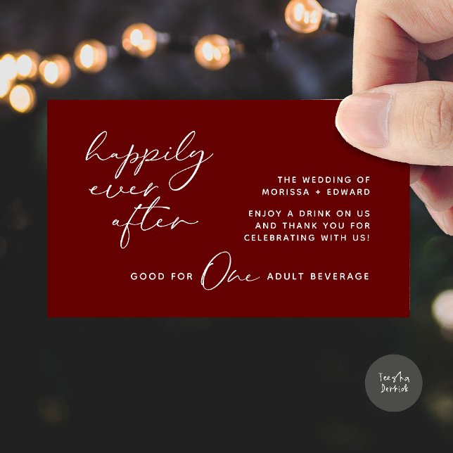 Biljett, Vuxen Beverage, Modern Bröllopsfest Tilläggskort (Happily Ever After, Drink Ticket, Adult Beverage, Modern Wedding Party Enclosure Card Burgundy Wine)
