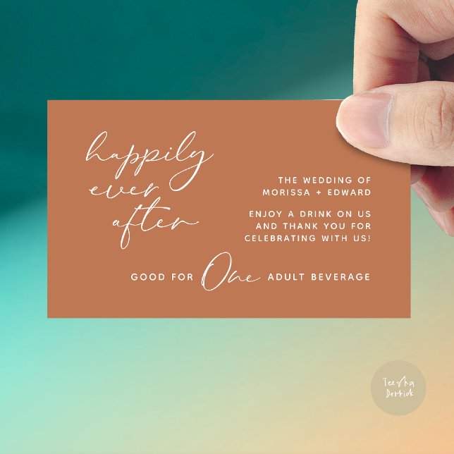 Biljett, Vuxen Beverage, Modern Bröllopsfest Tilläggskort (Happily Ever After, Drink Ticket, Adult Beverage, Modern Wedding Party Enclosure Card Copper Brown)