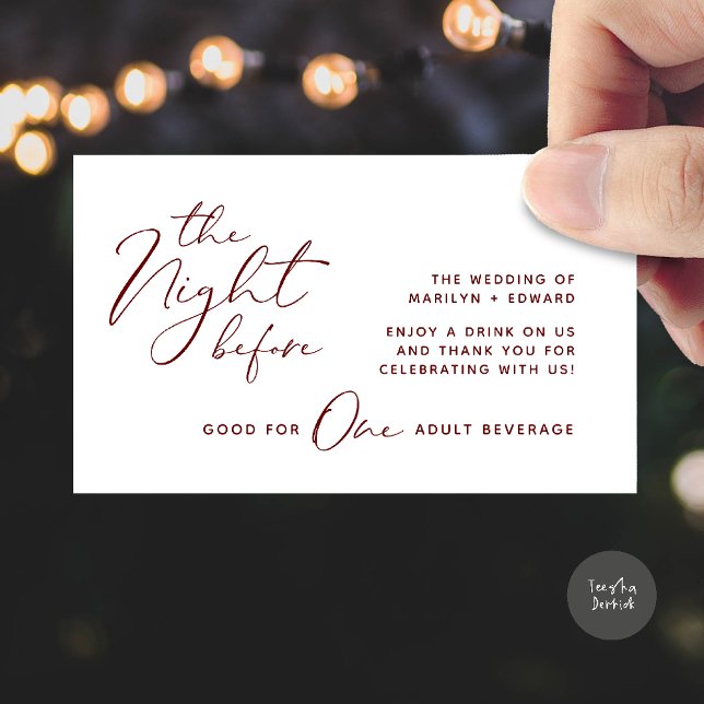 Biljett, Vuxen Beverage, Modern Bröllopsfest Tilläggskort (The Night Before, Drink Ticket, Adult Beverage, Modern Wedding Party Enclosure Card Burgundy Wine)