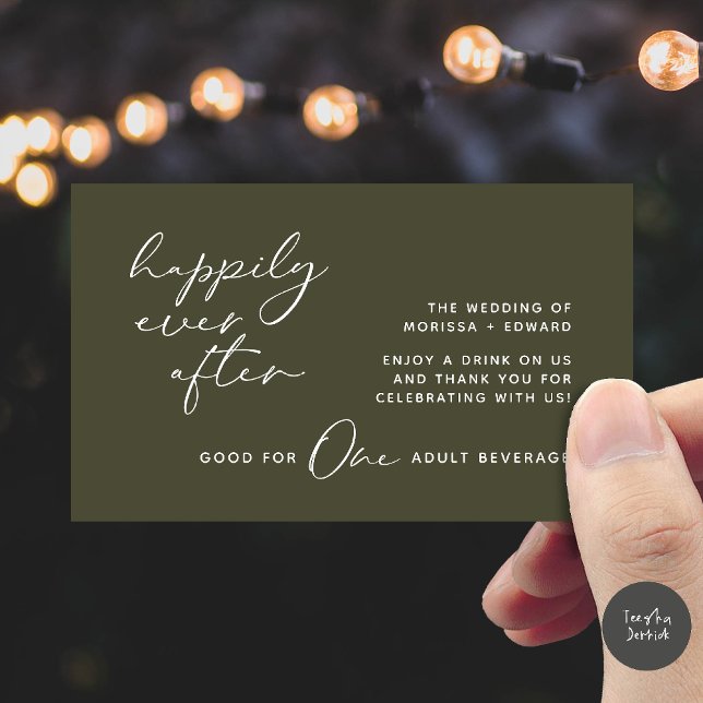 Biljett, Vuxen Beverage, Modern Bröllopsfest Tilläggskort (Happily Ever After, Drink Ticket, Adult Beverage, Modern Wedding Party Enclosure Card Olive Green)