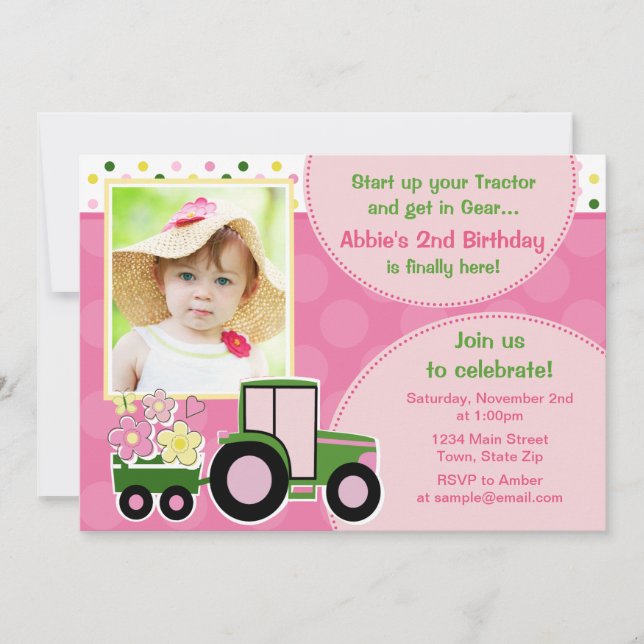 Biljettkort för Tractor Girl Birthday-inbjudan 5 x Inbjudningar (Framsida)