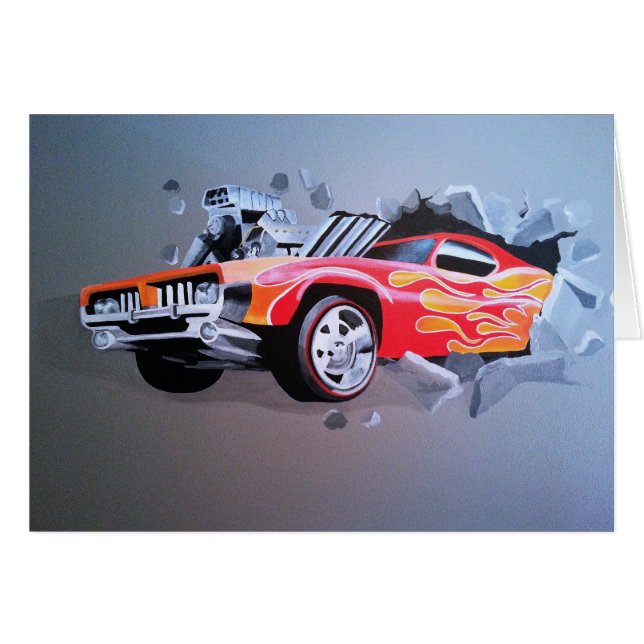 Bilkrasch genom vägg hälsningskort (Framsidan Horizontal)
