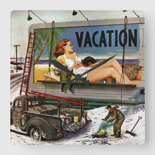 Billboard Painters in Winter by Stevan Dohanos Fyrkantig Klocka (Framsida)