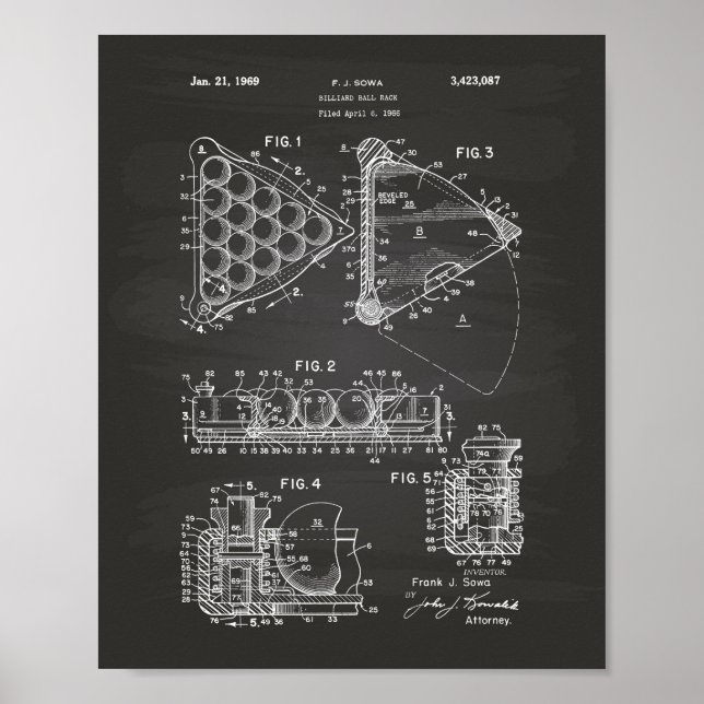 Billiard Boll Rack 1969 Patent Art - Chalkboard Poster (Framsidan)