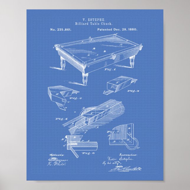 Billiard Bord 1880 Patent Art Blueprint Poster (Framsidan)