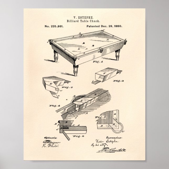 Billiard Bord 1880 Patent Art Old Peper Poster (Framsidan)