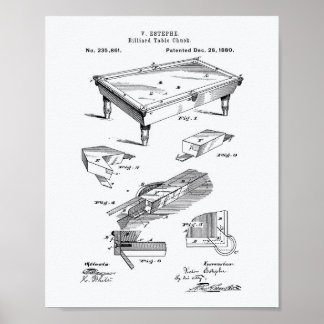 Billiard Bord 1880 Patent Art White Papper Poster