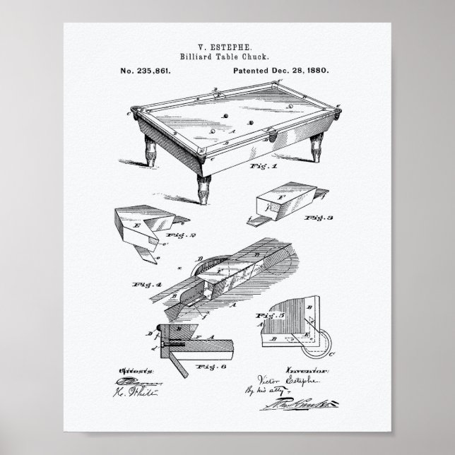 Billiard Bord 1880 Patent Art White Papper Poster (Framsidan)