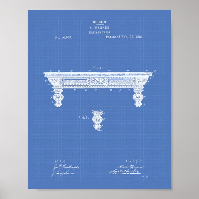 Billiard Bord 1884 Patent Art - blåkopia Poster (Framsidan)