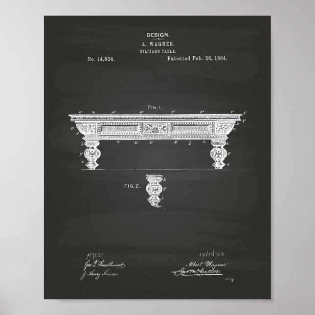 Billiard Bord 1884 Patent Art - Chalkboard Poster (Framsidan)