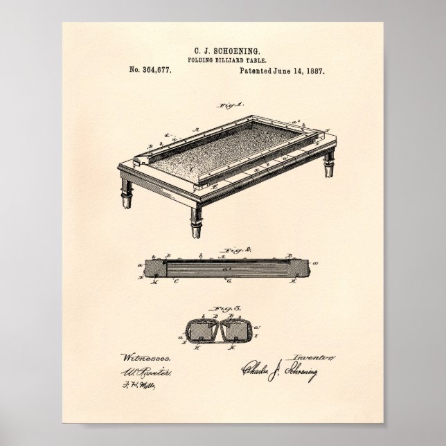 Billiard Bord 1887 Patent Art - Old Peper Poster (Framsidan)