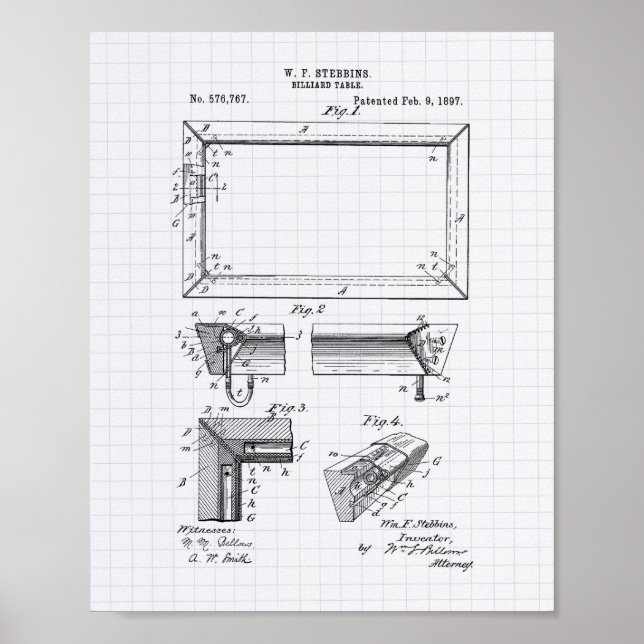Billiard Bord 1897 Patent Art - Led Peper Poster (Framsidan)