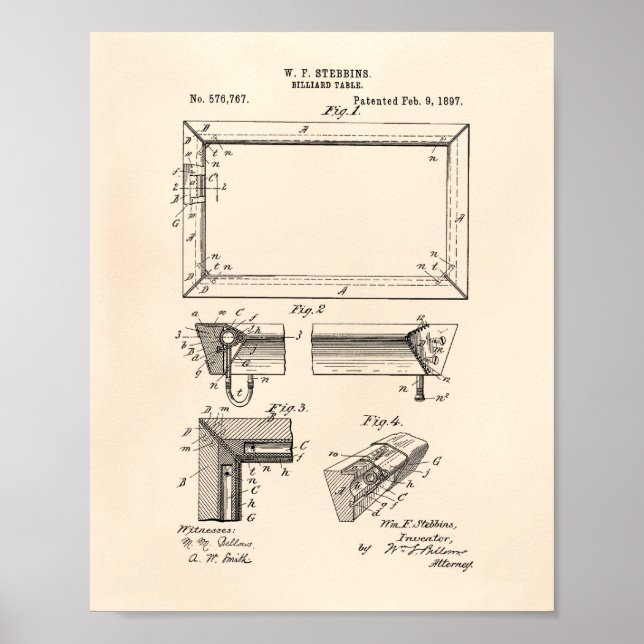 Billiard Bord 1897 Patent Art - Old Peper Poster (Framsidan)
