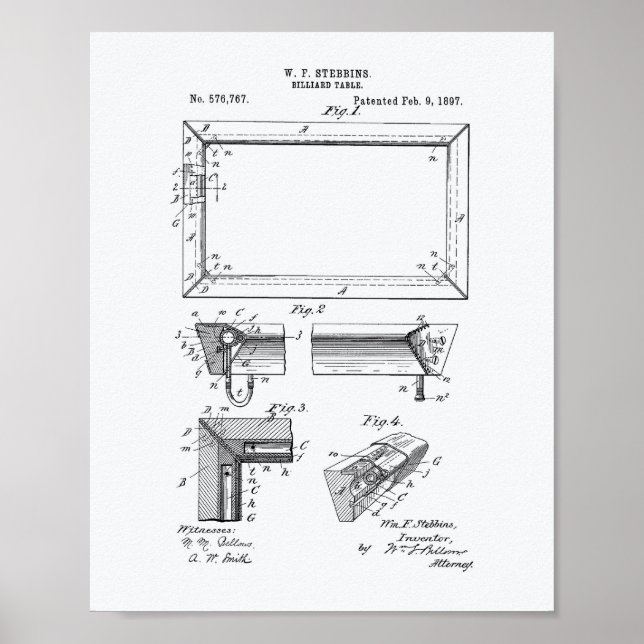Billiard Bord 1897 Patent Art - White Papper Poster (Framsidan)