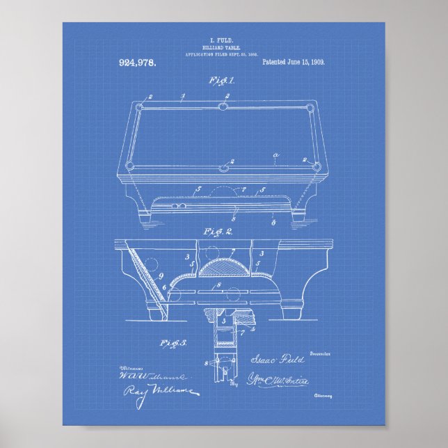 Billiard Bord 1909 Patent Art - blåkopia Poster (Framsidan)