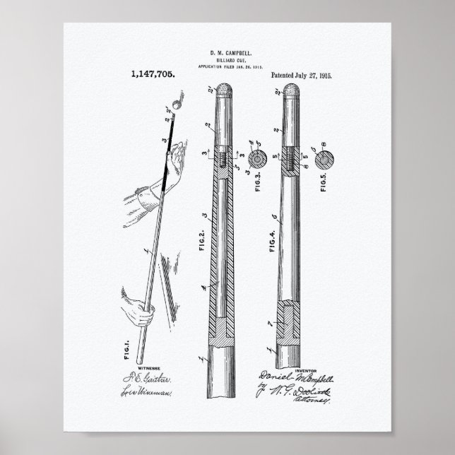 Billiard Cue 1915 Patent Art - White Papper Poster (Framsidan)