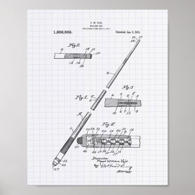 Billiard Cue 1918 Patent Art - Led Peper Poster (Framsidan)