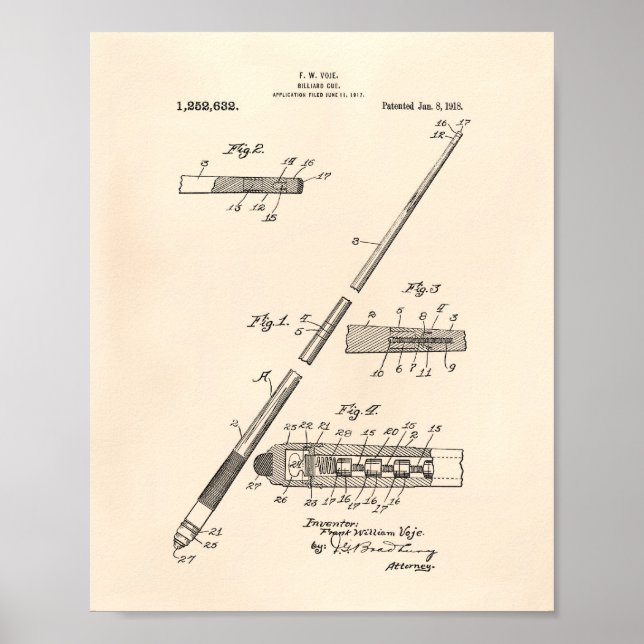 Billiard Cue 1918 Patent Art - Old Peper Poster (Framsidan)