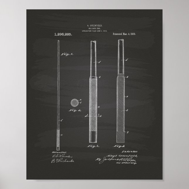 Billiard Cue 1919 Patent Art - Chalkboard Poster (Framsidan)