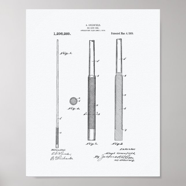 Billiard Cue 1919 Patent Art - White Papper Poster (Framsidan)
