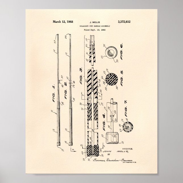 Billiard Cue Handle 1968 Patent Art - Old Peper Poster (Framsidan)