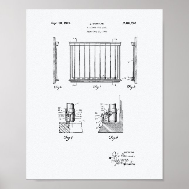 Billiard Cue Lock 1949 Patent Art - White Papper Poster (Framsidan)