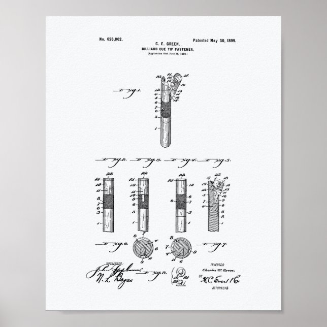 Billiard Cue Tip 1899 Patent Art - White Papper Poster (Framsidan)
