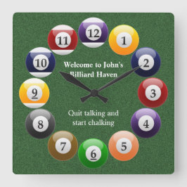 Billiard klumpa ihop sig skins färgrika fyrkantig klocka