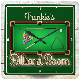 Billiards ADD NAMN Bassäng Bord Billiard Game Room Fyrkantig Klocka