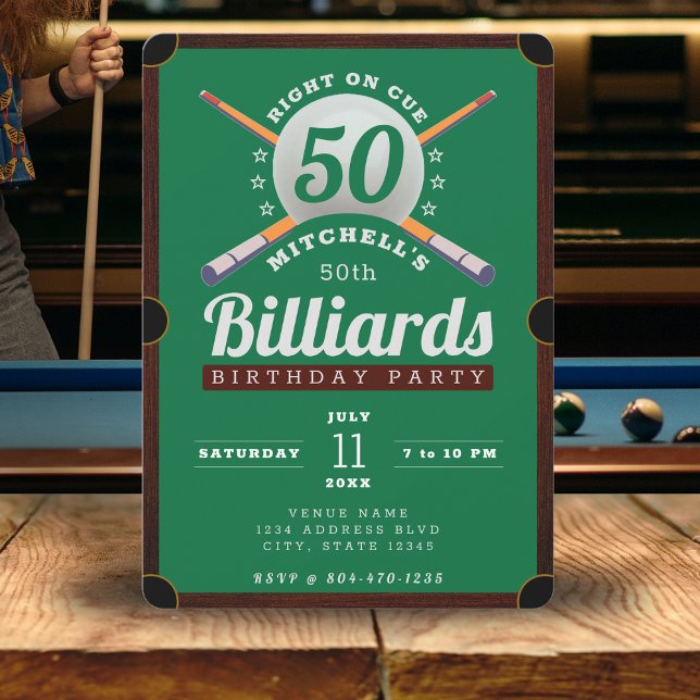 Billiards bassäng 50:e Födelsedagsfesten Inbjudningar (Pool Billiards 50th Birthday Party Green Invitation
)
