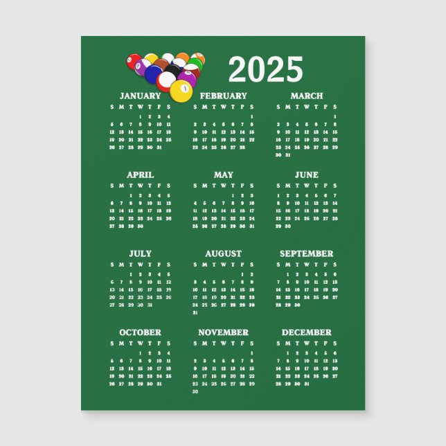 Billiards Bollar Bassäng 2025 Calendar Magnetic Ca (Framsida)