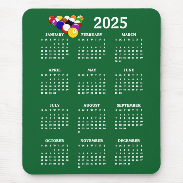 Billiards Bollar Bassäng Design 2025 Calendar Mous Musmatta (Framsidan)