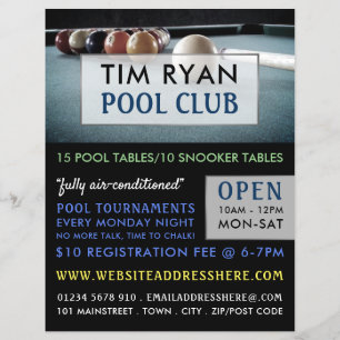 Billiards Bord, Bassäng, Snooker Klubb Advertising Reklamblad