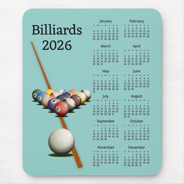 Billiards Pool 2026 Calendar Mousepad Musmatta (Framsidan)