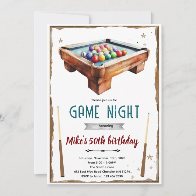 Billiards Pool Table birthday party Invitation Inbjudningar (Framsida)