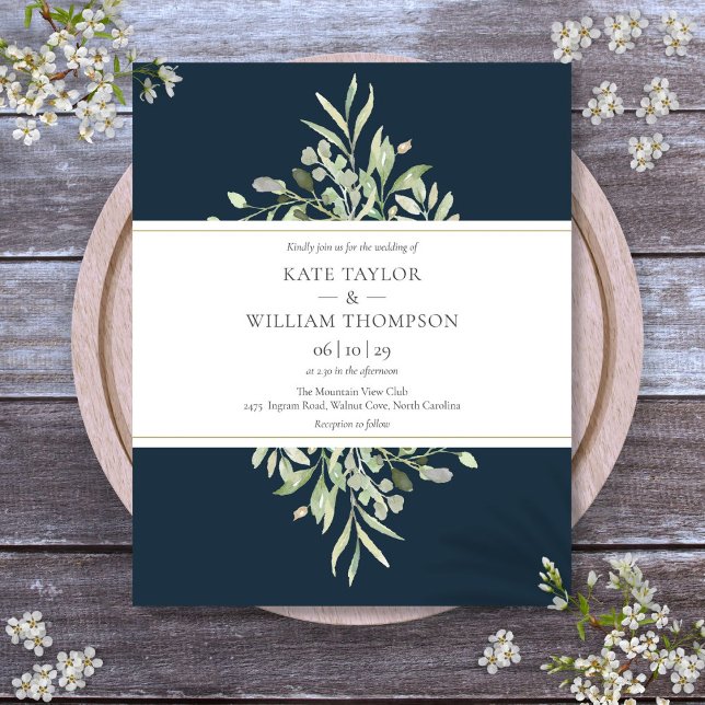 Billig bröllopsinbjudan i djupblå grönska (Deep Sea Blue Greenery Budget Wedding Invitation)