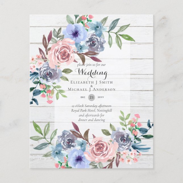 BILLIGASTE Bröllopsinbjudan Rosa Blå Blommor Flygblad (Framsidan)