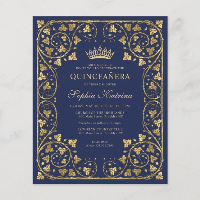 Billigt Blå Blommigt Guld Tiara Quinceanera Flygblad (Framsidan)