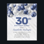 Billigt Blåblå Silver-ballongen Glitter födelsedag Flygblad<br><div class="desc">Modern Glam Navy Blue Silver Balloon Glitter Gnistra vid alla åldrar</div>