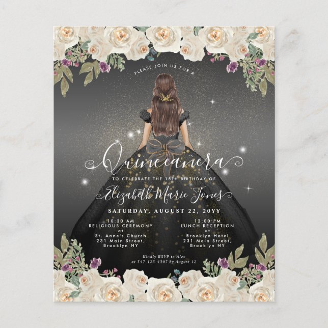 Billigt Blommigt Black Grått Guld Princess Quincea Flygblad (Framsidan)