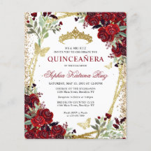Billigt Blommigt Burgundy Guld Quinceañera Inbjuda