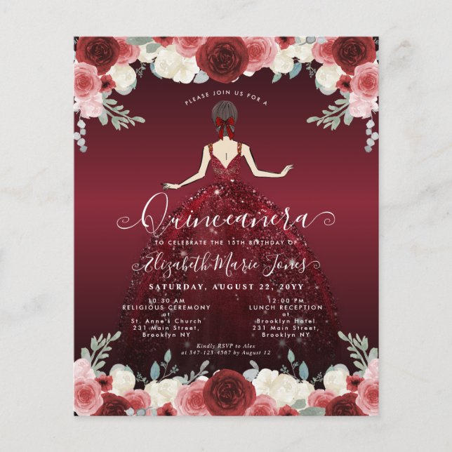 Billigt Blommigt Burgundy Red Dress Gown Quinceane Flygblad (Framsidan)