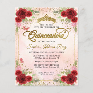 Billigt Blommigt Burgundy Rosa Guld Tiara Quinceañ Flygblad