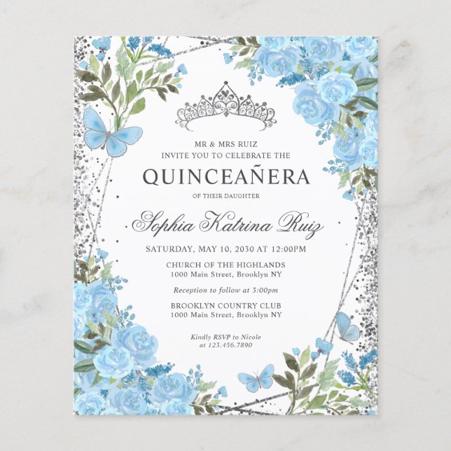 Billigt Blommigt Dusty Blue Silver Quinceañera Inb Flygblad (Framsidan)