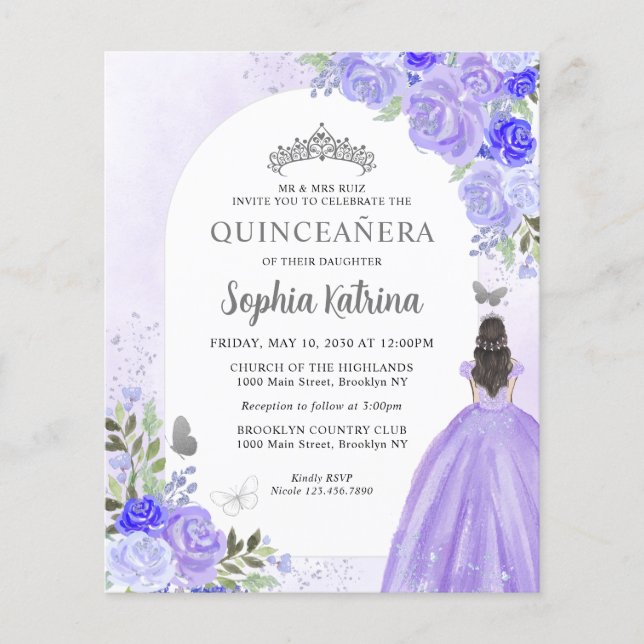 Billigt Blommigt Lila Violet Princess Quinceanera Flygblad (Framsidan)