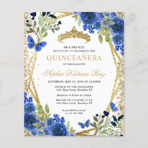Billigt Blommigt Navy Blue Guld Quinceañera Inbjud Flygblad