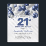 Billigt Blue Silver Balloon Glitter 21:a födelseda Flygblad<br><div class="desc">Modern Glam Navy Blue Silver Balloon Glitter Gnistra vid alla åldrar</div>